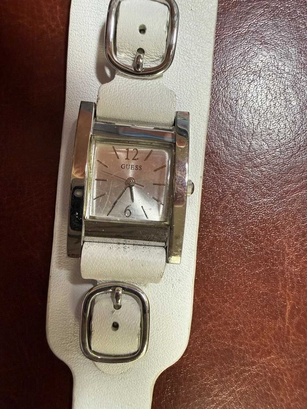 Vintage Guess Women’s Silver Square Cuff Watch White Leather Y2K